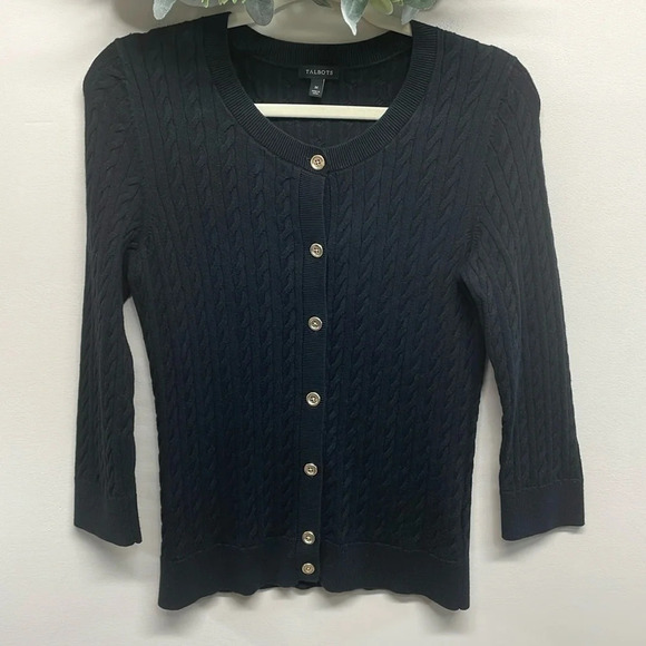 Talbots Cable Knit Crew Neck 3/4 Sleeve Black Sweater M - Picture 1 of 12